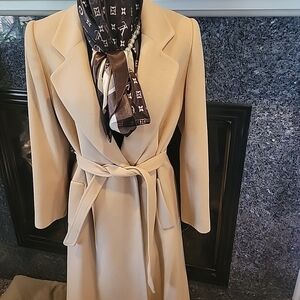 Tan Trench Coat with Belted Waist and Notched Lapels